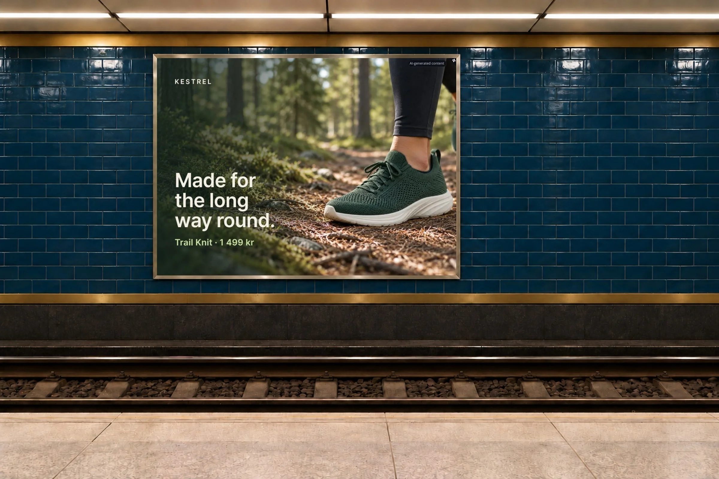 An AI-made mockup: the Kestrel sample poster in a 4:3 case on a tiled metro platform wall.