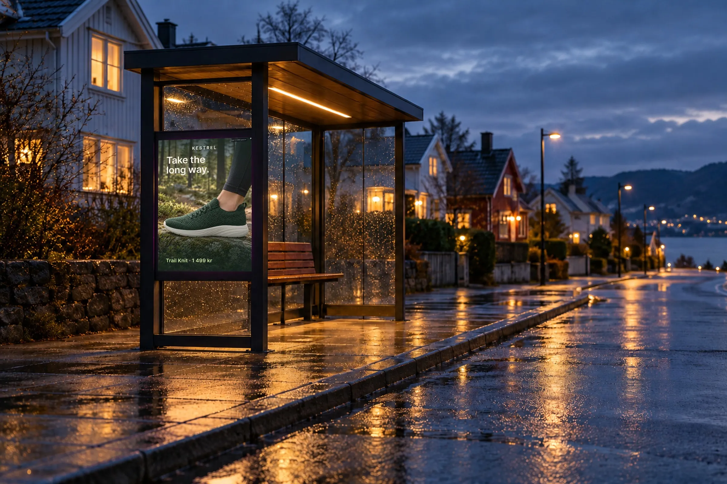 An AI-made mockup: the Kestrel sample poster in the backlit case of a bus shelter on a wet street at dusk.